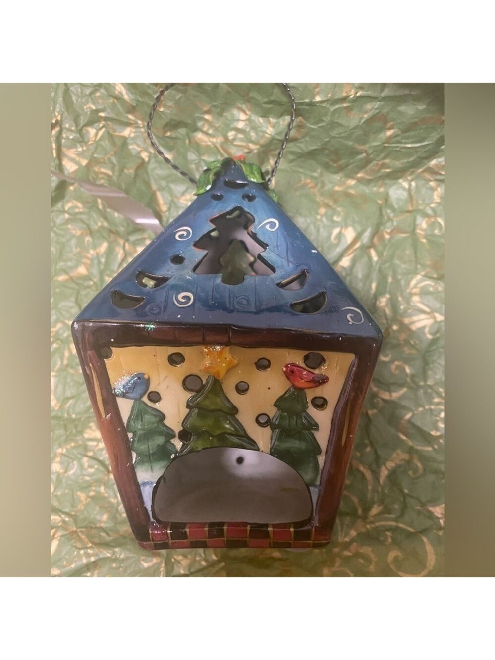 Pair of Lantern Luminaries. Santa & Snowman Holds tealight candle, Wire hanger.